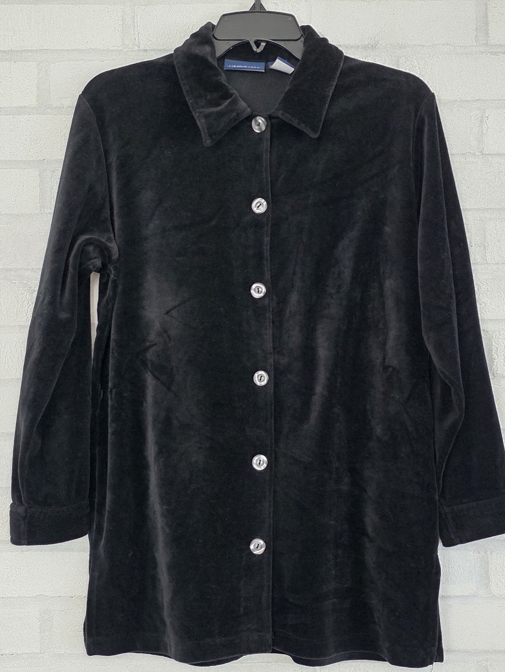 Vintage Whimsigoth Liz Claiborne Liz Sport Small Velour Button Down Shirt Black